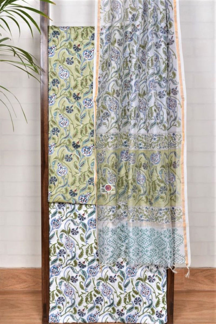 Green Floral Jaal / Modal Silk | Sanganeri | 3 Pcs Suit - Handcrafted Home decor and Lifestyle Products
