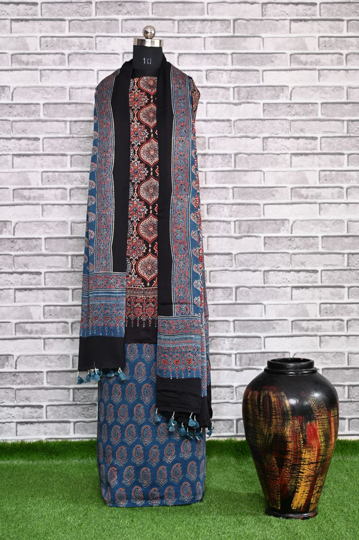 String Paisley Unstitched Modal Silk Ajrakh Print Suit