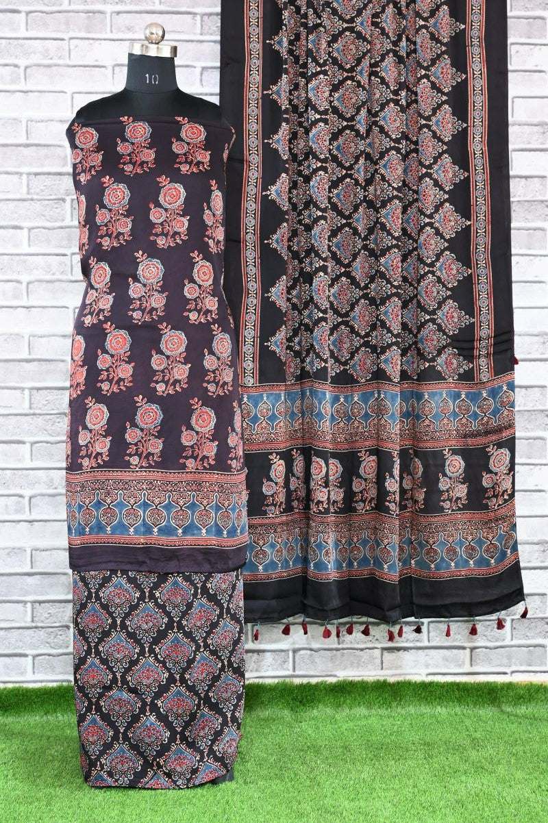 Floral String Unstitched Modal Silk Ajrakh Print Suit