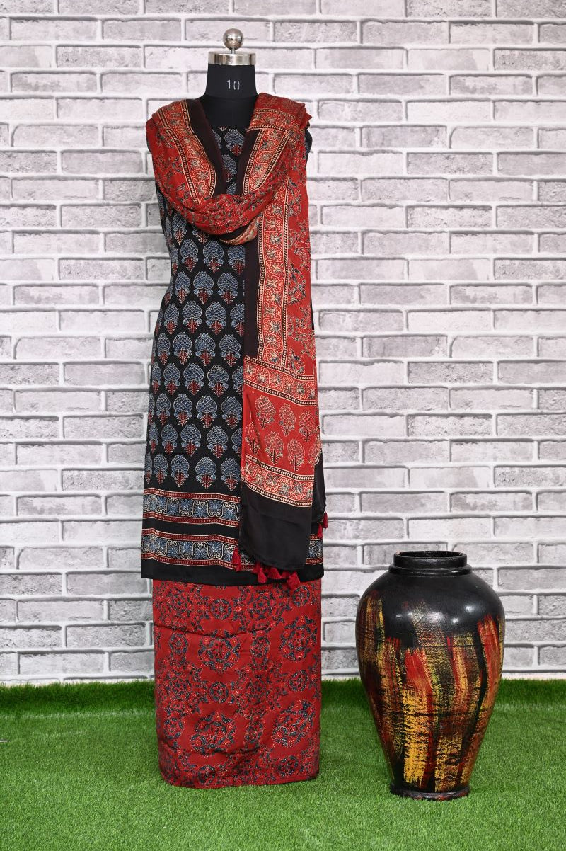 Black Red Kamal Unstitched Modal Silk Ajrakh Print Suit