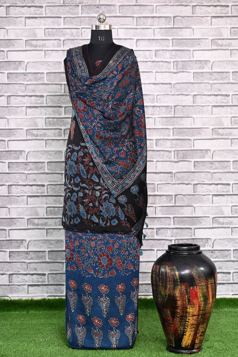 Black Indigo Unstitched Modal Silk Ajrakh Print Suit