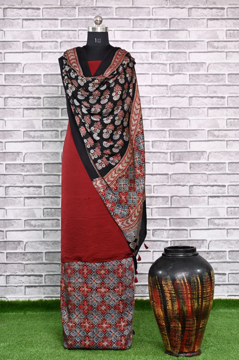 Maroon Flora Unstitched Modal Silk Ajrakh Print Suit