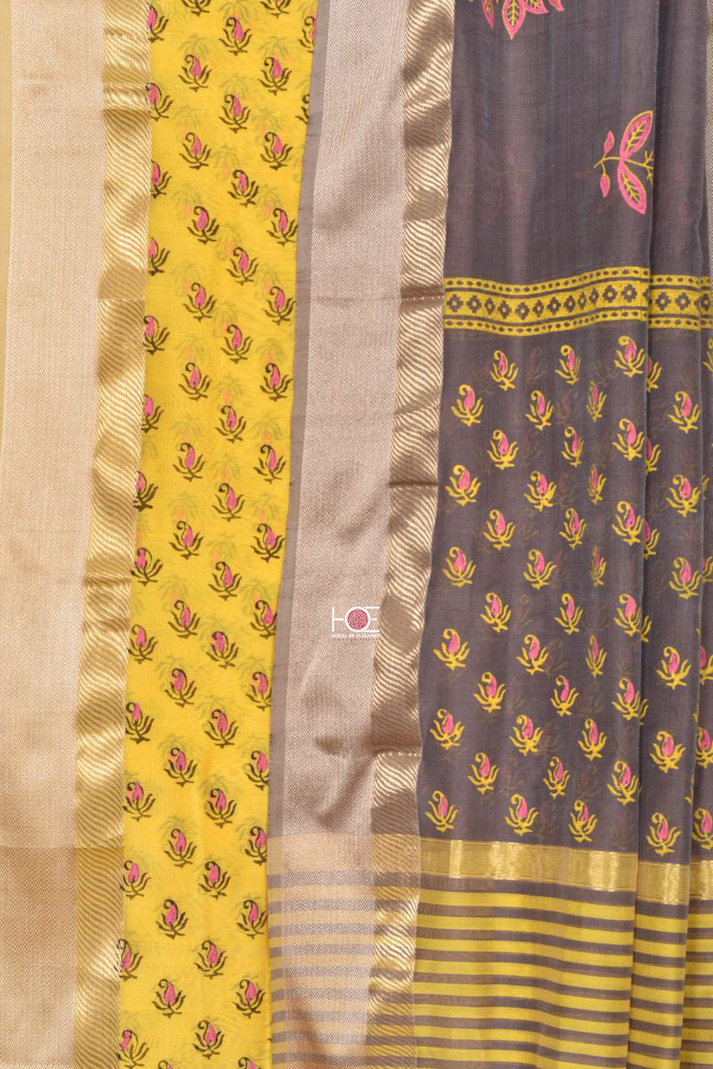 Grey Impression on Yellow / SiCo | Maheshwari Hand Block | 2 Pcs Suit - Handcrafted Home decor and Lifestyle Products