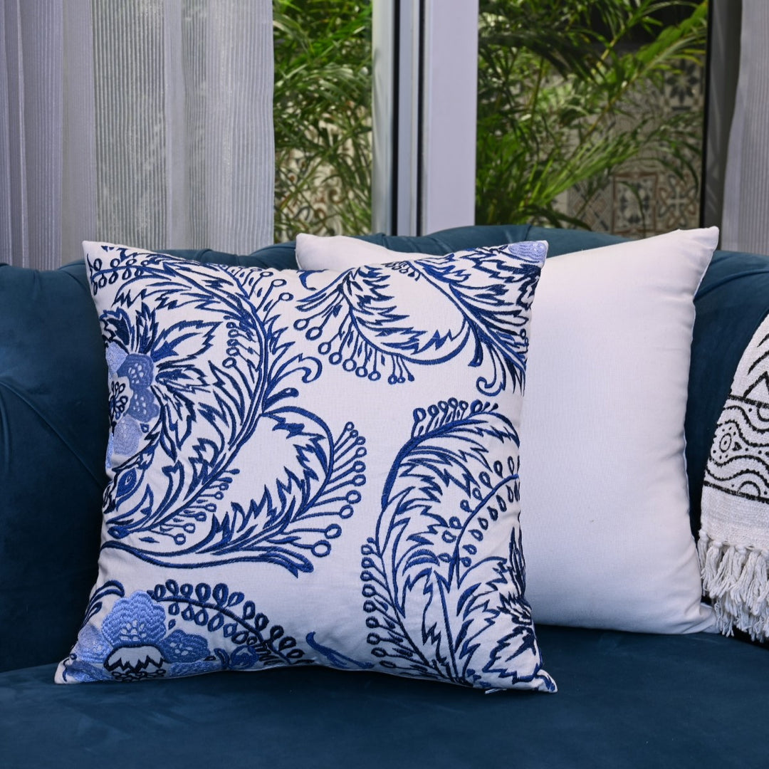 Blue Silk Thread Cotton Embroidered Cushion Cover