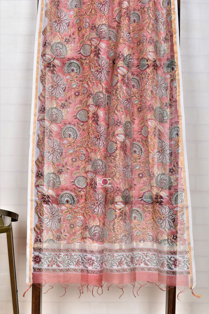 Floral Peach Blush / Modal Silk | Sanganeri | 3 Pcs Suit - Handcrafted Home decor and Lifestyle Products
