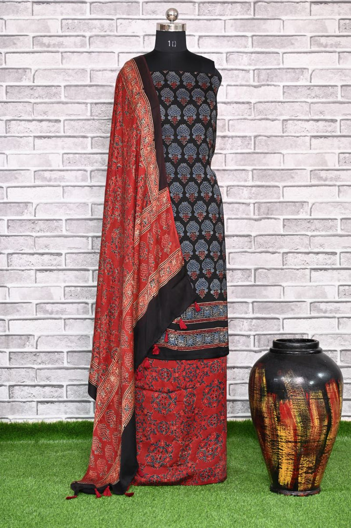 Black Red Kamal Unstitched Modal Silk Ajrakh Print Suit