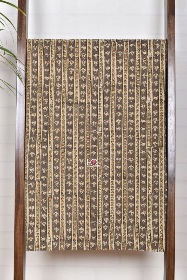 Mustard Khaki Booti Stripe / Cotton & Chanderi | Kalamkari | 3 Pcs Suit - Handcrafted Home decor and Lifestyle Products