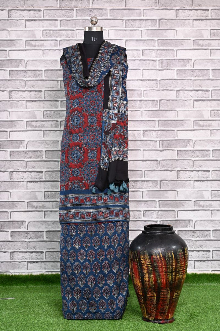 Smokey Indigo Unstitched Modal Silk Ajrakh Print Suit