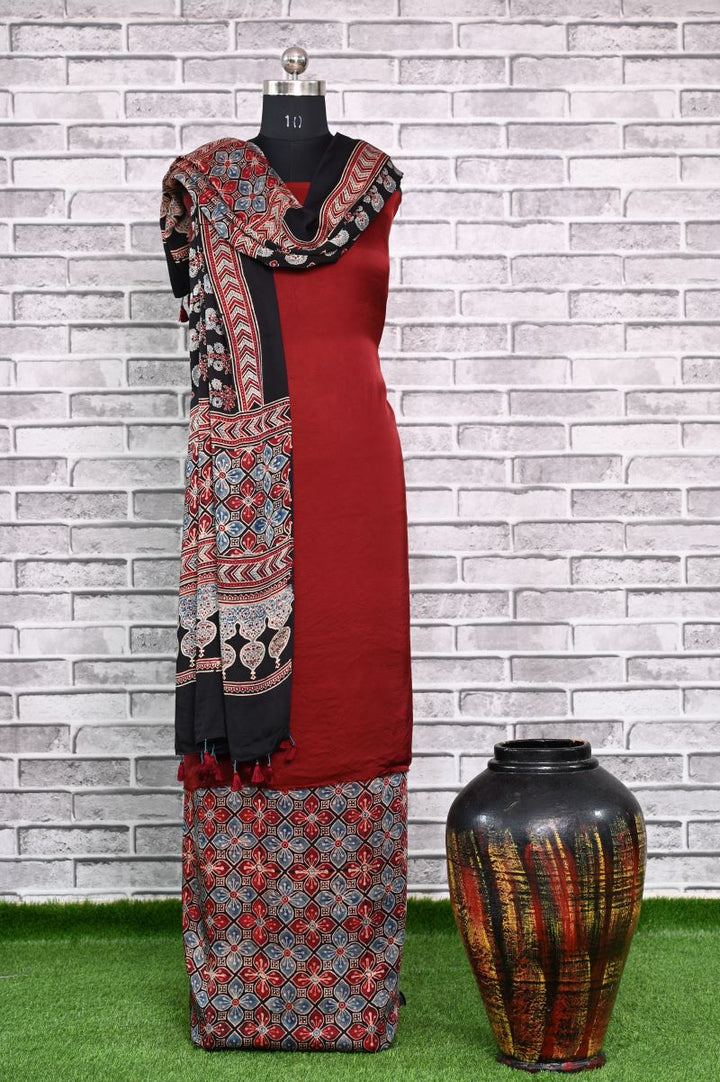 Maroon Flora Unstitched Modal Silk Ajrakh Print Suit