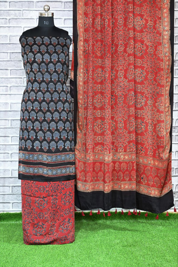Black Red Kamal Unstitched Modal Silk Ajrakh Print Suit