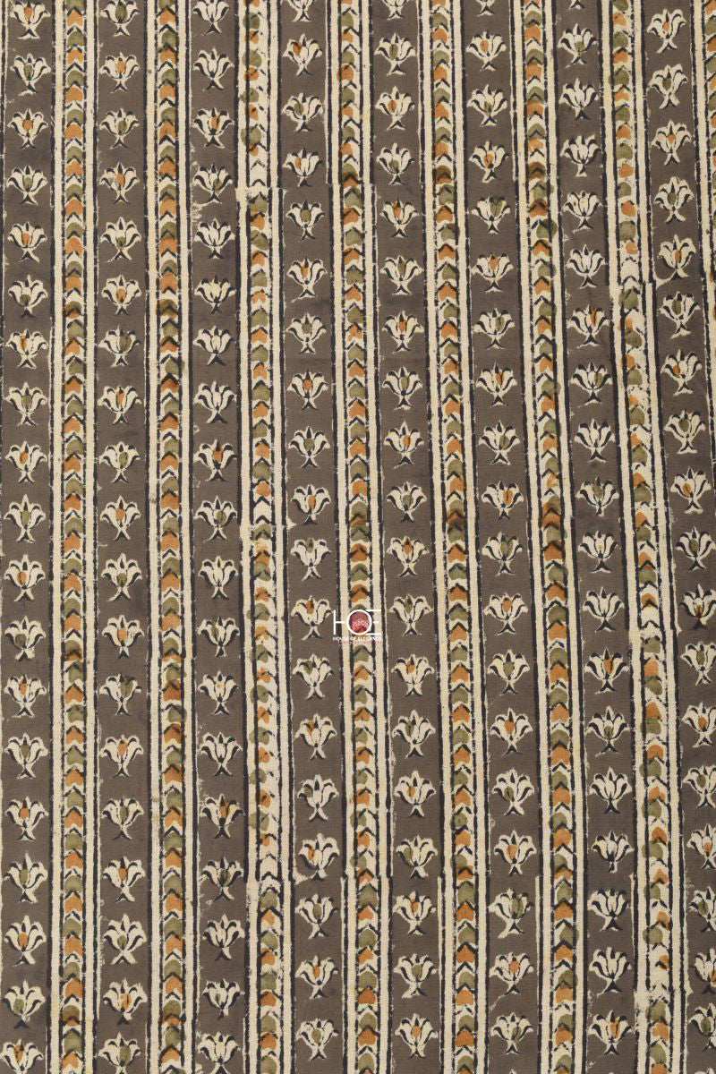 Mustard Khaki Booti Stripe / Cotton &amp; Chanderi | Kalamkari | 3 Pcs Suit - Handcrafted Home decor and Lifestyle Products