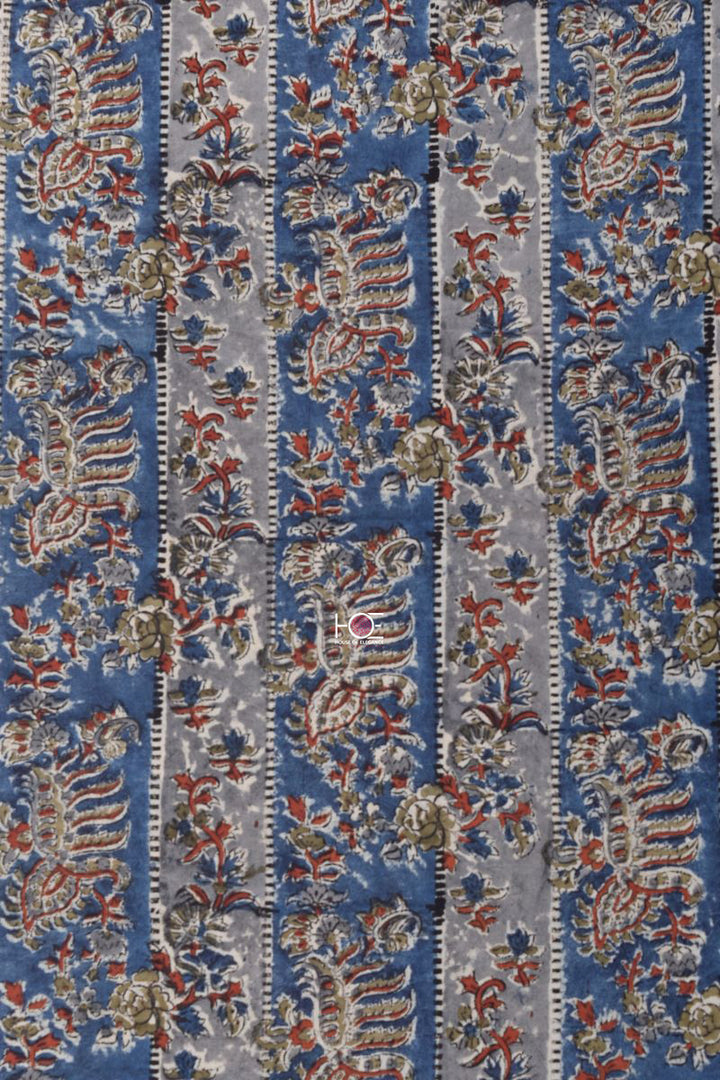Blue Khaki Stripe / Cotton & Chanderi | Kalamkari | 3 Pcs Suit - Handcrafted Home decor and Lifestyle Products