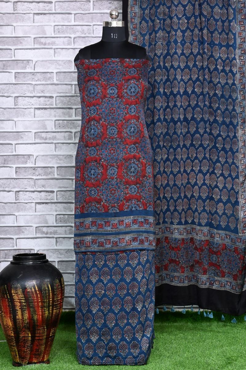 Smokey Indigo Unstitched Modal Silk Ajrakh Print Suit