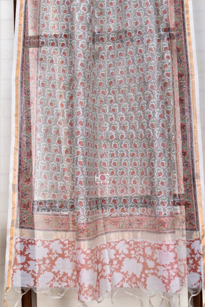 Floral Peach Grey / Modal Silk | Sanganeri | 3 Pcs Suit - Handcrafted Home decor and Lifestyle Products