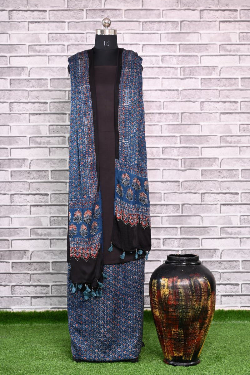Indigo Floret Unstitched Modal Silk Ajrakh Print Suit