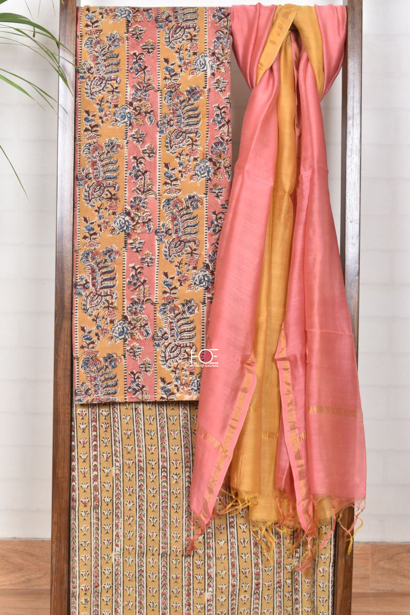 Mustard Pink Stripe / Cotton & Chanderi | Kalamkari | 3 Pcs Suit - Handcrafted Home decor and Lifestyle Products