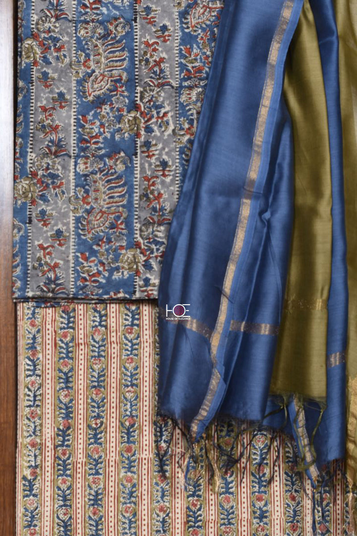 Blue Khaki Stripe / Cotton & Chanderi | Kalamkari | 3 Pcs Suit - Handcrafted Home decor and Lifestyle Products