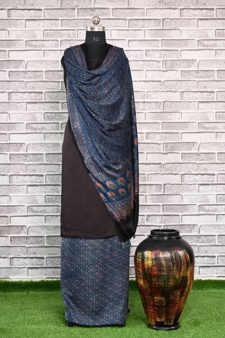 Indigo Floret Unstitched Modal Silk Ajrakh Print Suit