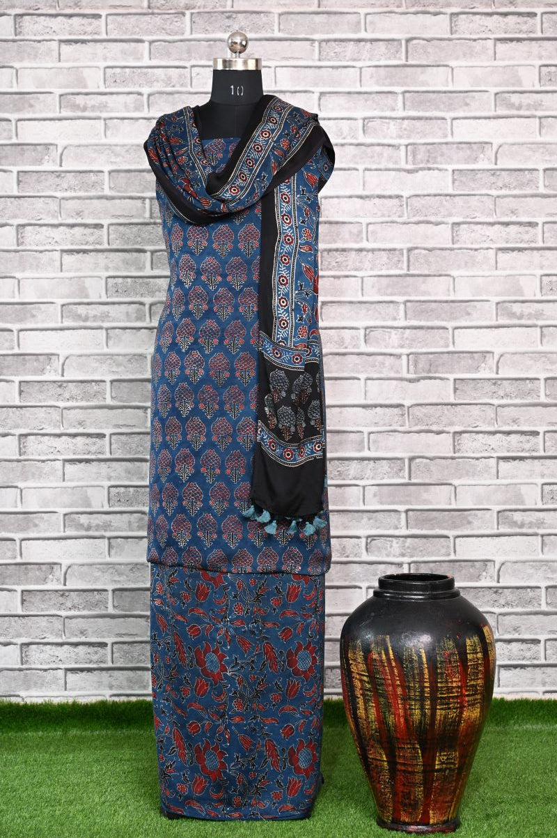 Indigo Kamal Unstitched Modal Silk Ajrakh Print Suit