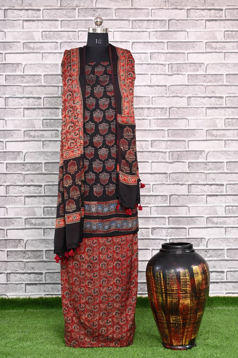Taaj Kharey Unstitched Modal Silk Ajrakh Print Suit