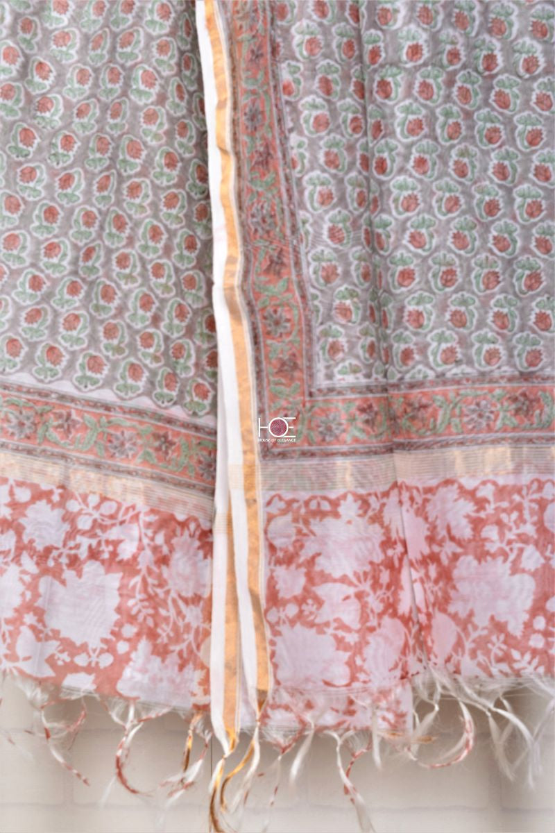 Floral Peach Grey / Modal Silk | Sanganeri | 3 Pcs Suit - Handcrafted Home decor and Lifestyle Products