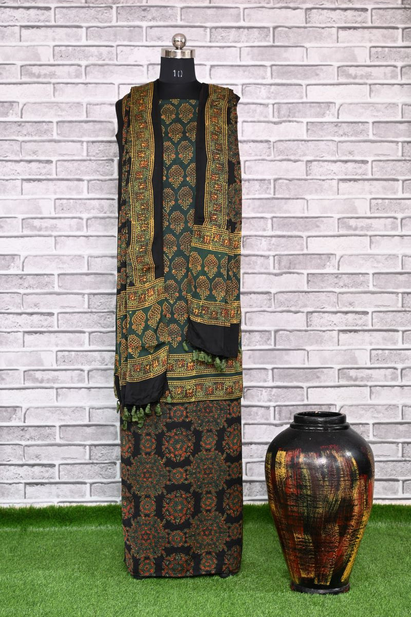 Green Kamal Pital Unstitched Modal Silk Ajrakh Print Suit