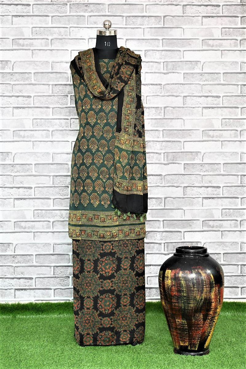 Green Kamal Pital Unstitched Modal Silk Ajrakh Suit- House Of