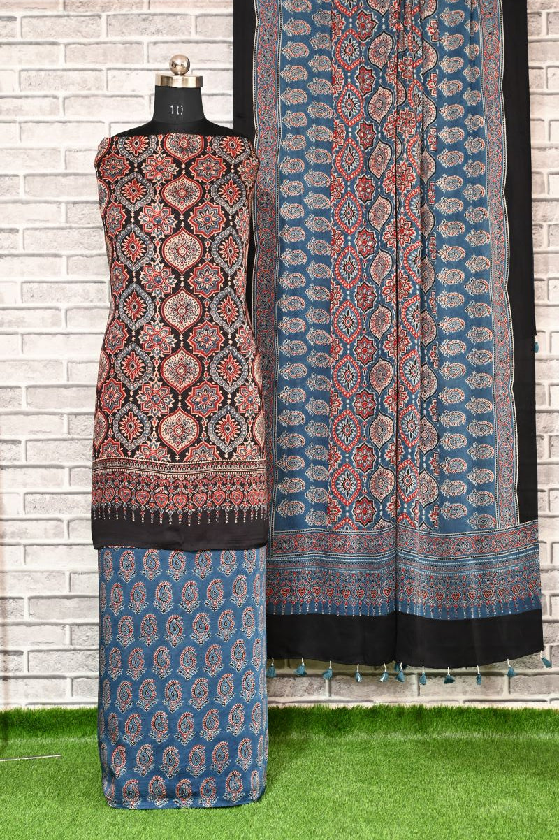 String Paisley Unstitched Modal Silk Ajrakh Print Suit