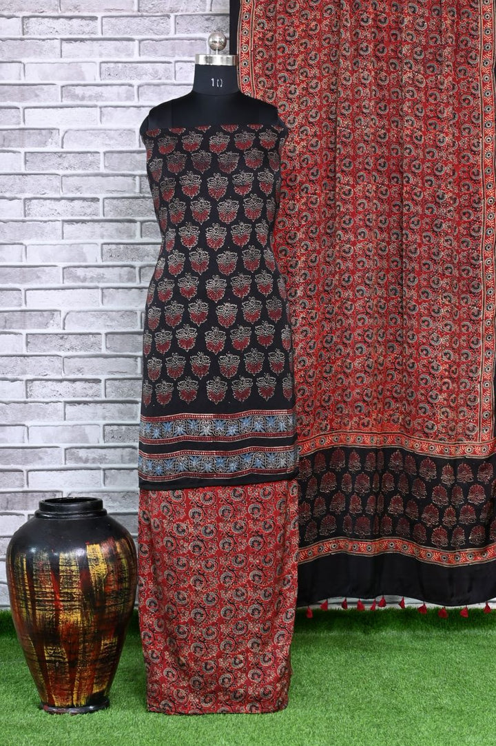 Taaj Kharey Unstitched Modal Silk Ajrakh Print Suit