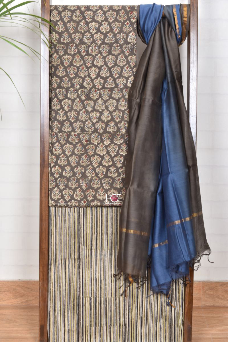 Grey Blue Booti Stripe / Cotton & Chanderi | Kalamkari | 3 Pcs Suit - Handcrafted Home decor and Lifestyle Products