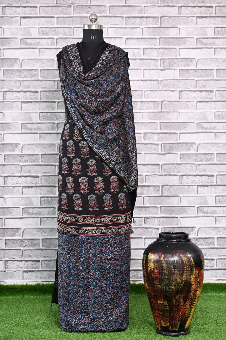 Black Indigo Guvad Unstitched Modal Silk Ajrakh Print Suit