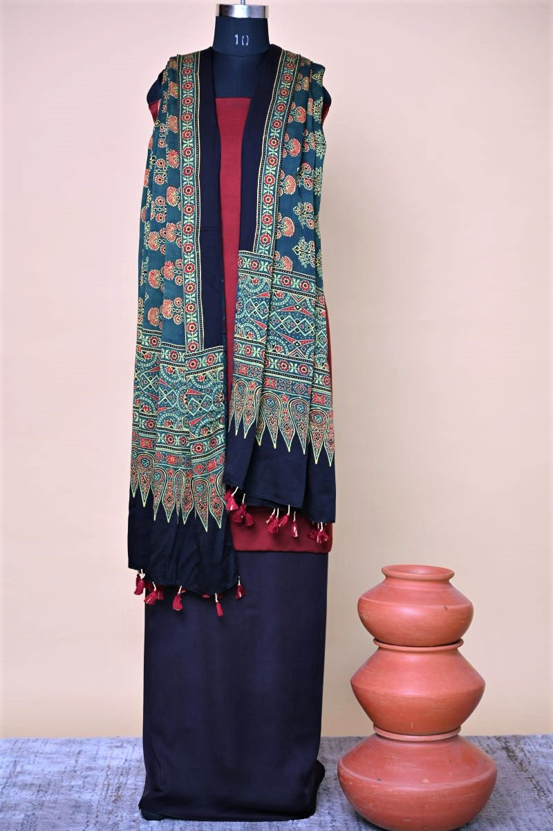 Modal Silk Ajrakh Hand Block Print Dupatta