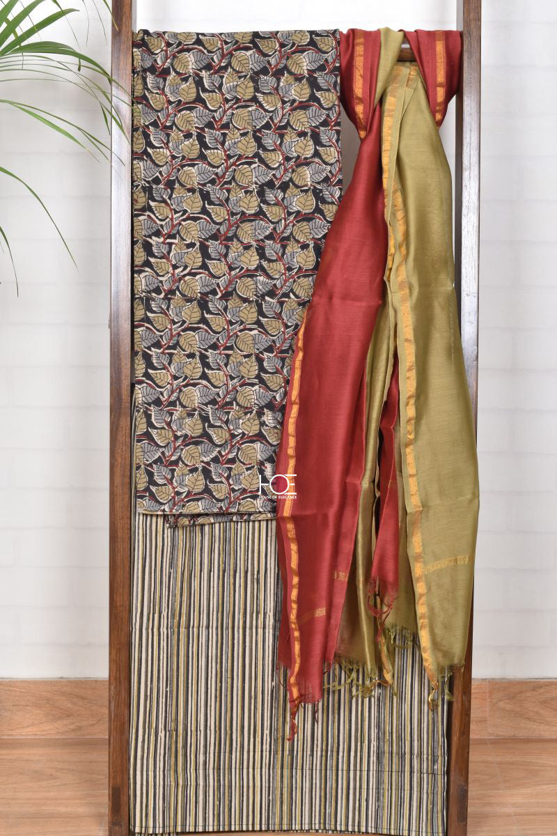 Mehndi Maroon Leaf Jaal / Cotton & Chanderi | Kalamkari | 3 Pcs Suit - Handcrafted Home decor and Lifestyle Products