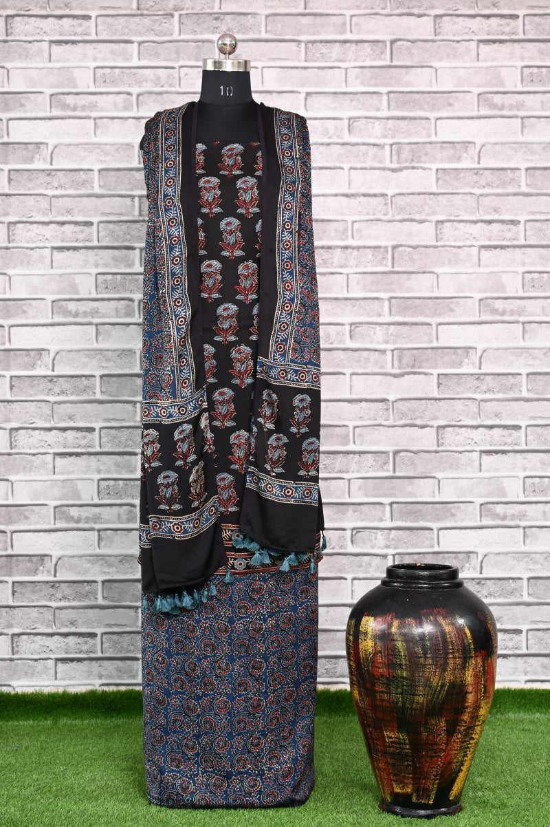 Black Indigo Guvad Unstitched Modal Silk Ajrakh Print Suit