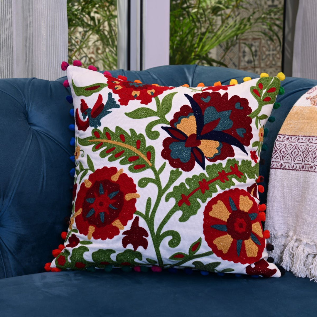 Floral Threads Cotton Embroidered Cushion Cover