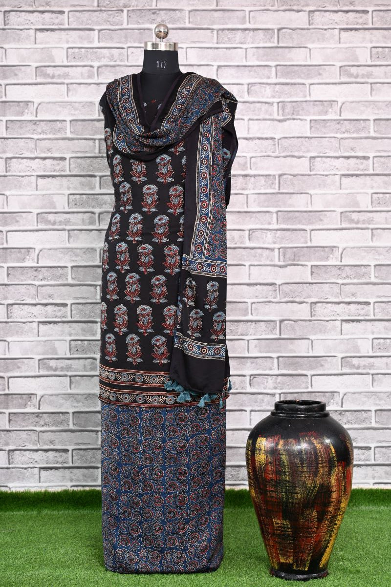 Black Indigo Guvad Unstitched Modal Silk Ajrakh Print Suit