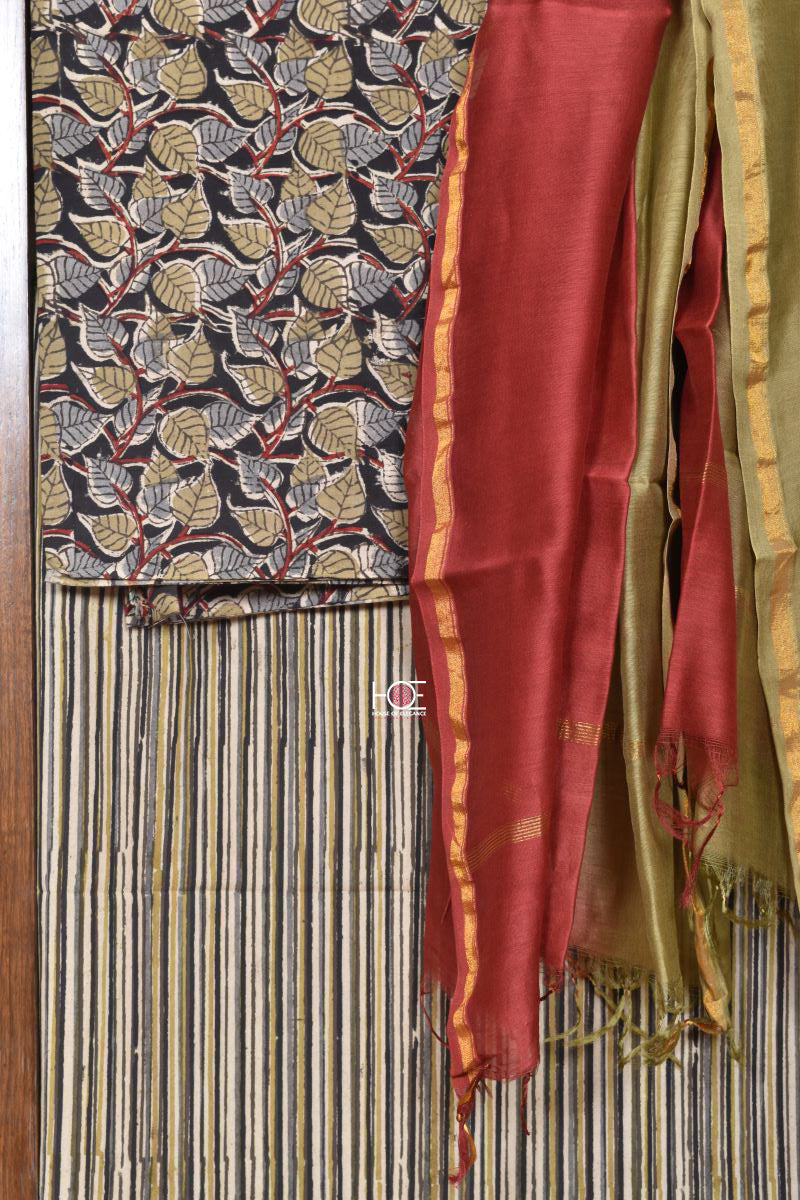 Mehndi Maroon Leaf Jaal / Cotton & Chanderi | Kalamkari | 3 Pcs Suit - Handcrafted Home decor and Lifestyle Products