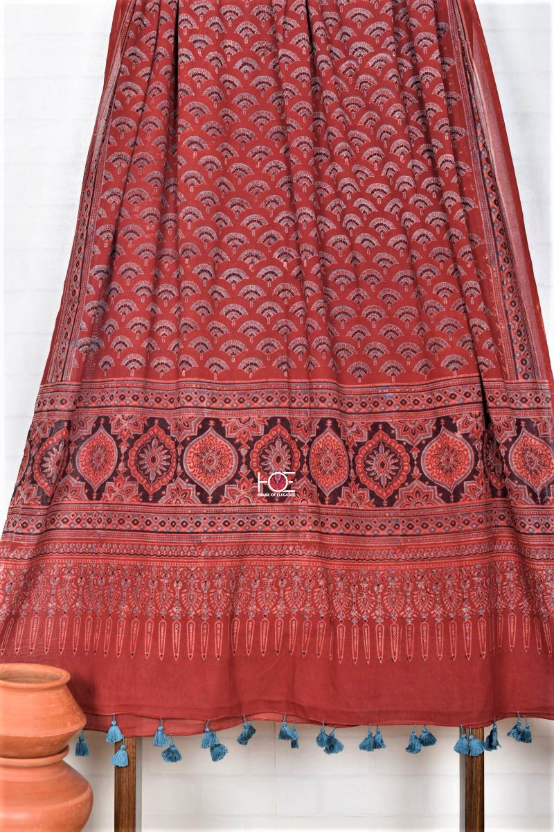 Ajrakh Twig on Red / Premium Voile | Dupatta - Handcrafted Home decor and Lifestyle Products