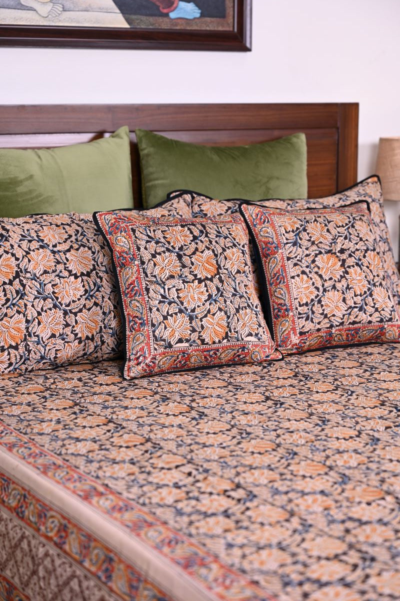 Beige-Black-Kalamkari-Bedsheet-set-cotton-bed-linen