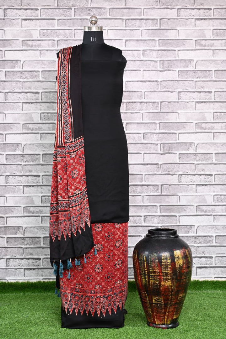 Black Stria Unstitched Modal Silk Ajrakh Print Suit