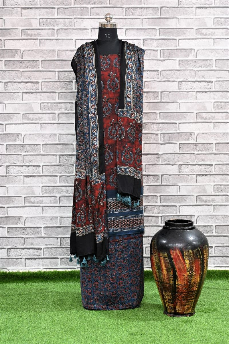Smokey Red Unstitched Modal Silk Ajrakh Print Suit