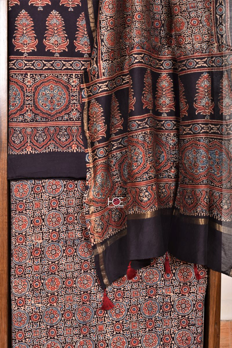 Black Pine Minkundi / Cotton-Chanderi | Ajrakh | 3 Pcs Suit - Handcrafted Home decor and Lifestyle Products