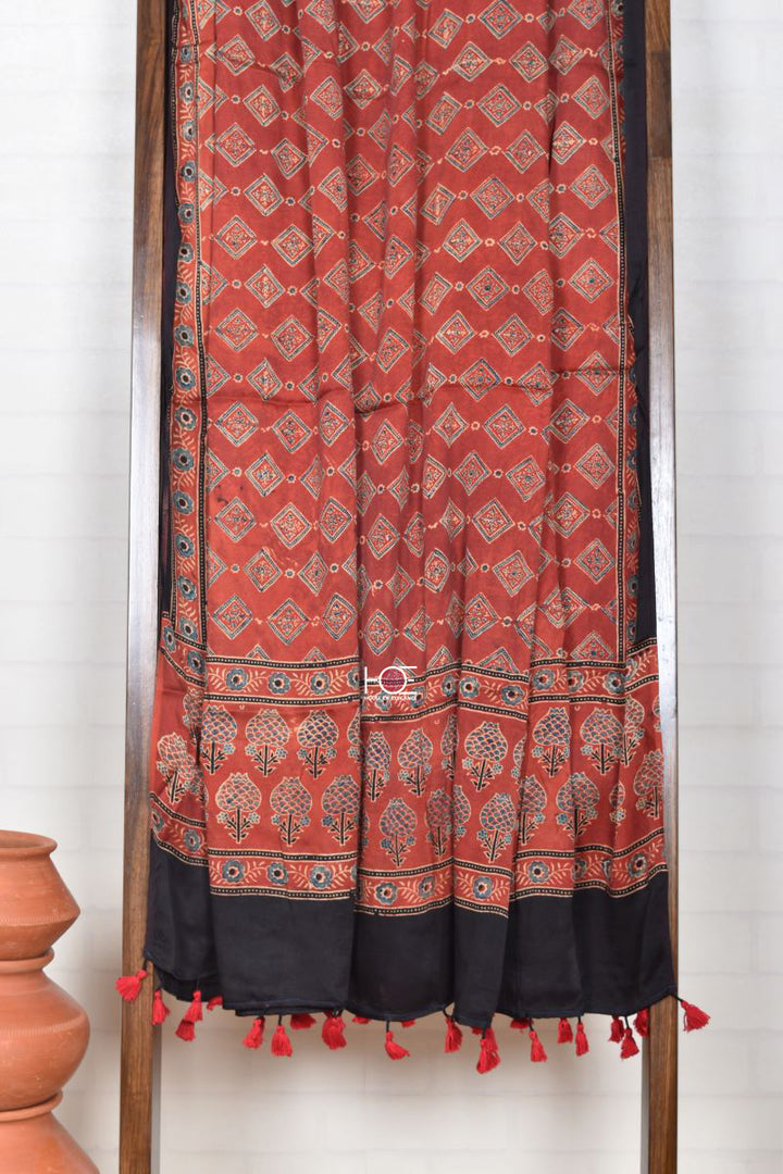 Diamond String on Red / Modal Silk | Ajrakh Dupatta - Handcrafted Home decor and Lifestyle Products