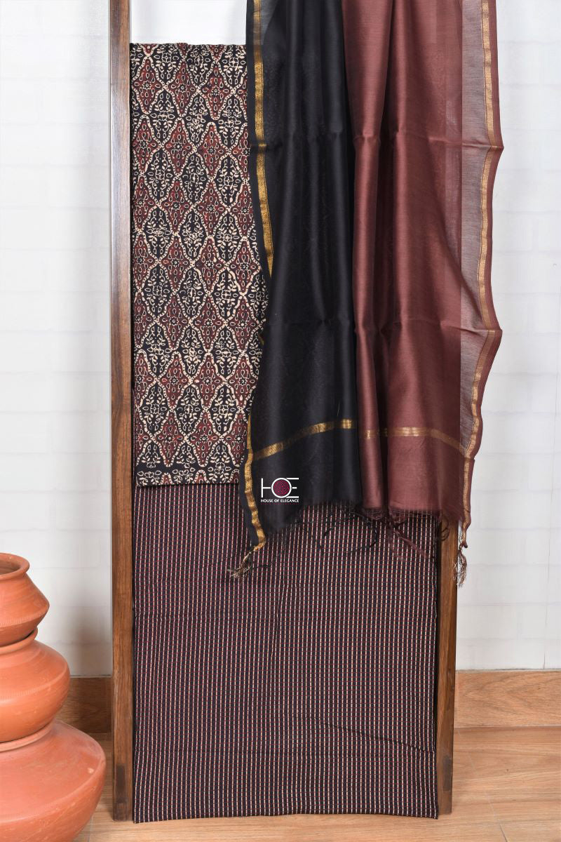 Black Eyrie Stripes / Cotton &amp; Chanderi | Ajrakh | 3 Pcs Suit - Handcrafted Home decor and Lifestyle Products