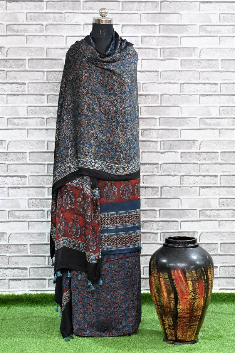 Indigo Choufal Unstitched Modal Silk Ajrakh Print Suit~HouseOfElegance –  House Of Elegance - Style That Inspires