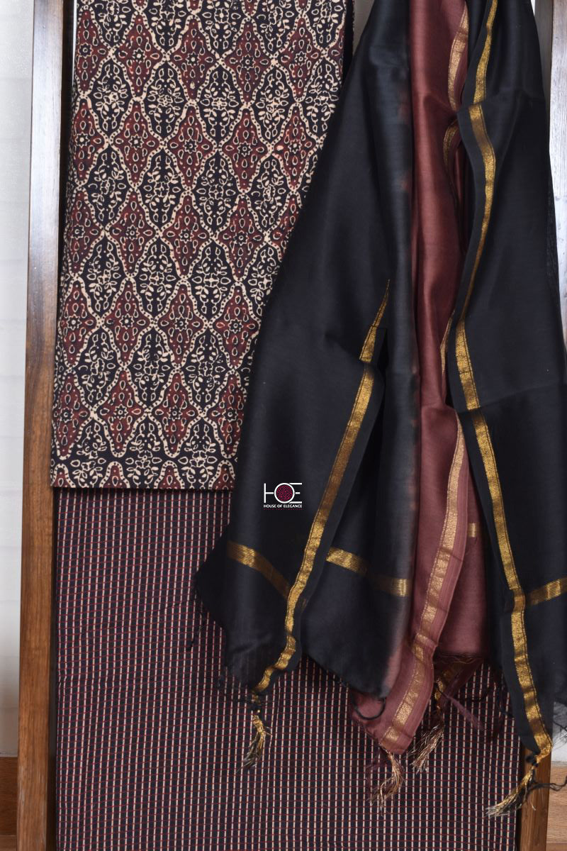 Black Eyrie Stripes / Cotton & Chanderi | Ajrakh | 3 Pcs Suit - Handcrafted Home decor and Lifestyle Products