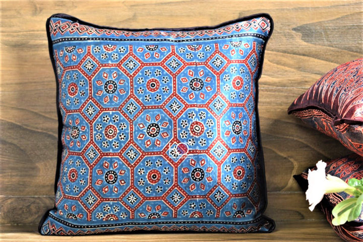 Red Indigo / Mushroo Silk | Ajrakh | Set of 3 Pcs (16X16) - Handcrafted Home decor and Lifestyle Products