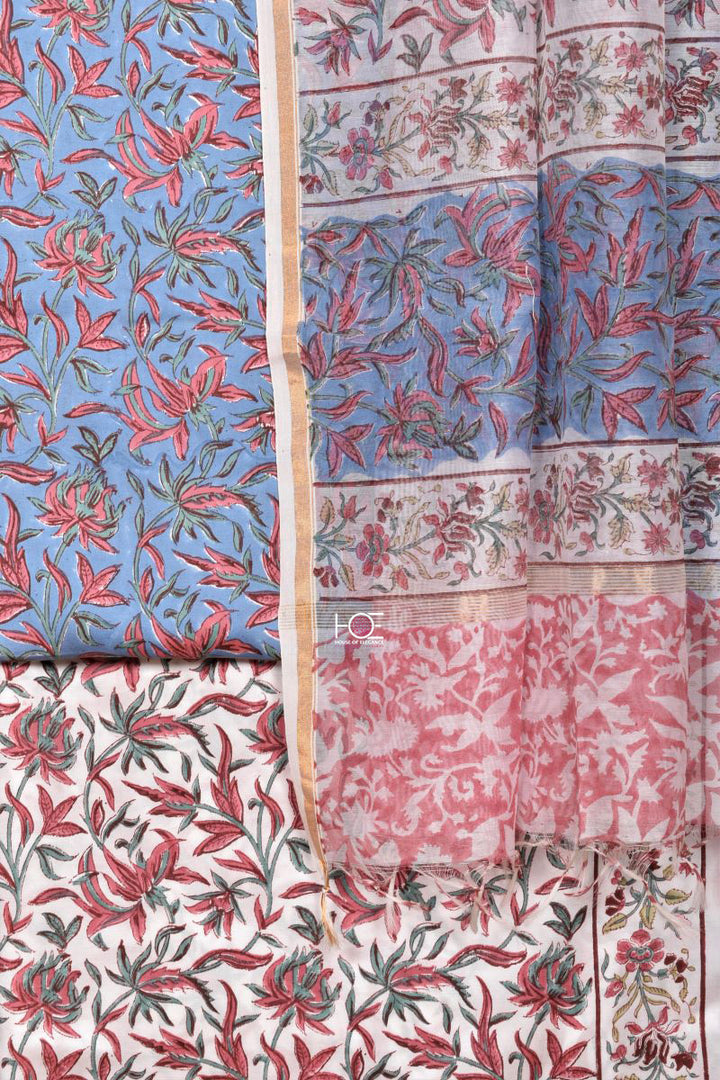 Floral Carolina White / Modal Silk | Sanganeri | 3 Pcs Suit - Handcrafted Home decor and Lifestyle Products
