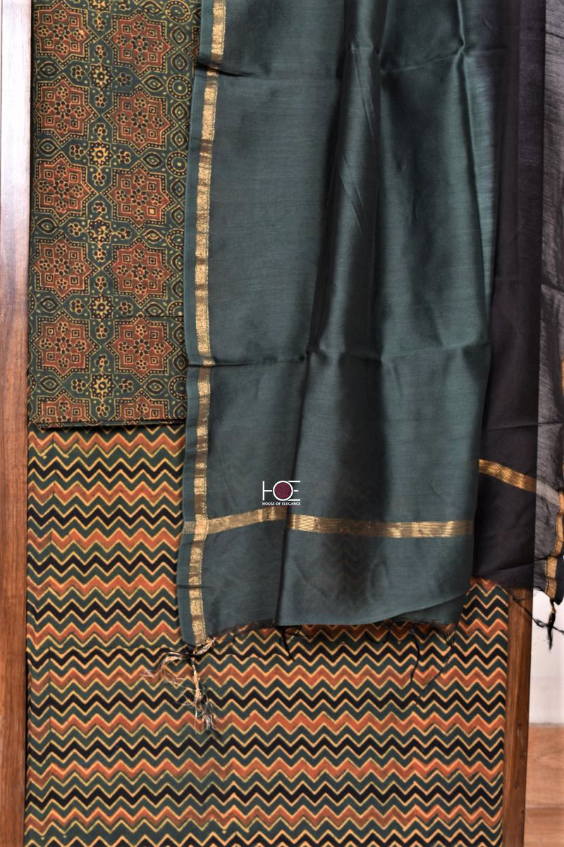 Green Minkundi Chevron / Cotton-Chanderi | Ajrakh | 3 Pcs Suit - Handcrafted Home decor and Lifestyle Products