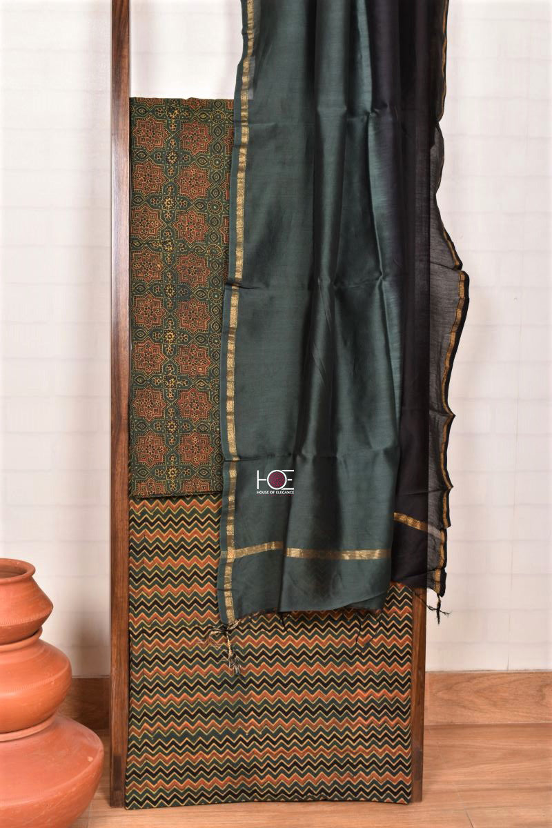 Green Minkundi Chevron / Cotton-Chanderi | Ajrakh | 3 Pcs Suit - Handcrafted Home decor and Lifestyle Products